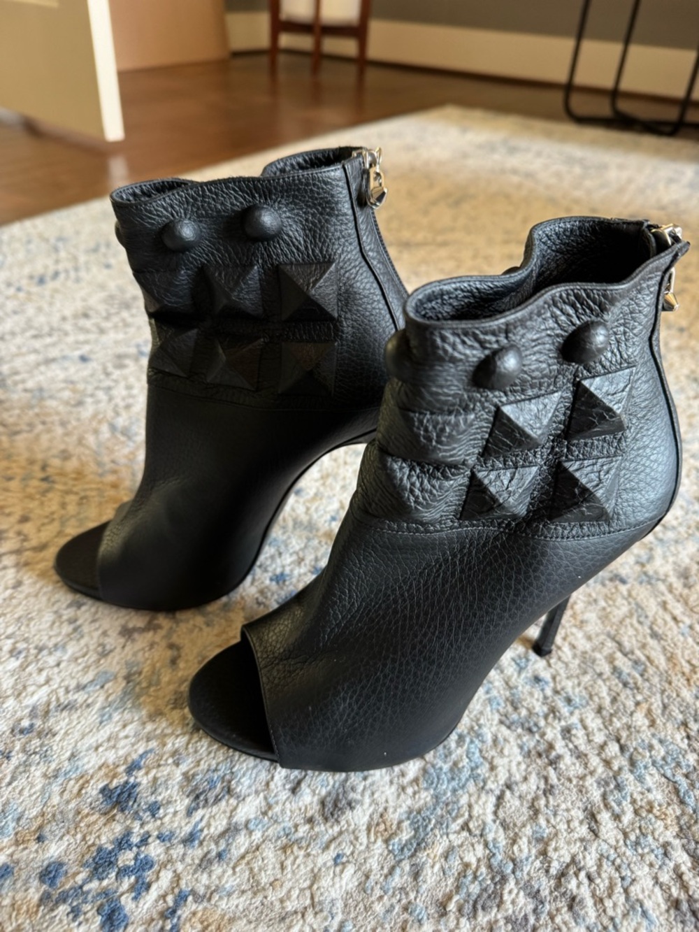 Philipp Plein Black Peep-Toe Studded Leather Ankle Boots - Picture 6 of 16